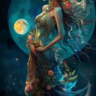 Illustration of woman with flowing hair and flowers against cosmic backdrop