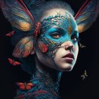 Colorful Digital Artwork: Woman with Butterfly Makeup & Accessories