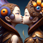 Fantastical characters with ornate headpieces and vibrant eyes kissing in richly detailed scene