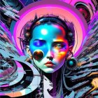 Colorful Digital Art: Woman with Headphones in Cosmic Neon Swirls