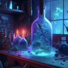 Mystical glass bottle display with moonlit window backdrop