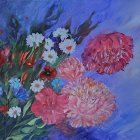 Colorful Flowers Oil Painting on Textured Blue Background