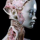 Detailed humanoid robot with floral and jewel-encrusted head and gold-white design.