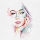 Pastel watercolor portrait of a woman with wavy hair and dreamy expression