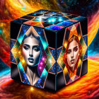 Surreal Rubik's Cube with integrated faces on cosmic background