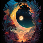 Night scene artwork with two crescent moons in starry sky and silhouetted trees.