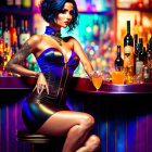 Stylized image: Woman with tattoos at bar with colorful backdrop