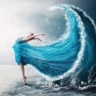 Illustration of woman with flowing hair merging into ocean waves