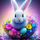 Whimsical bunny with Easter eggs and flowers on sparkly background