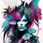 Vibrant floral and abstract portrait in rich blues and purples