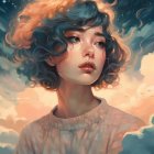 Digital portrait of girl with blue hair and floral headpiece in starry setting