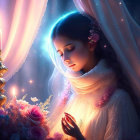 Woman with flowers in hair in candlelight against starry backdrop and soft lit flowers