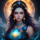 Dark-Haired Female Character with Golden Accessories and Flower Halo