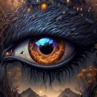 Detailed surreal illustration: eye merged with mountain landscapes, celestial bodies, dynamic lighting