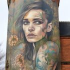 Colorful mural of woman with flowing hair and tattoos in artistic design