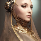 Female humanoid robot in intricate metallic headpiece and golden attire on dark background