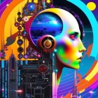 Vibrant digital artwork: woman's profile with cityscape & mechanical elements on neon backdrop