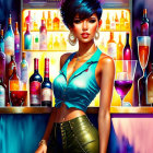 Colorful Illustration of Woman with Blue Hair and Bold Makeup Standing Against Bar Backdrop