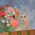 Colorful painting of woman with white hair in flower bouquet