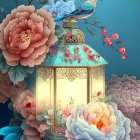 Colorful Flowers and Candle in Glass Vase on Blue Background