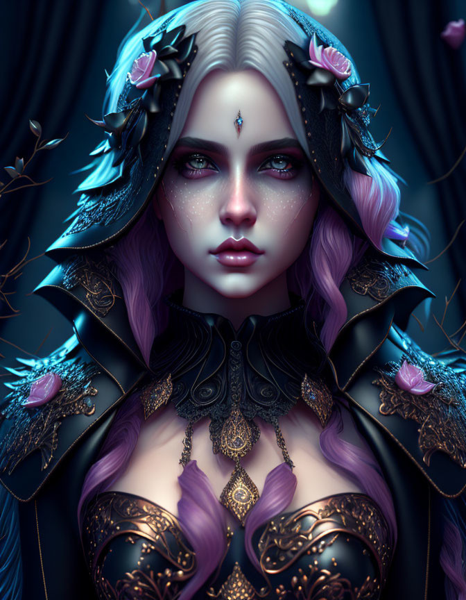 Fantasy illustration of woman with violet hair and dark crown with pink roses, blue feathers, and golden