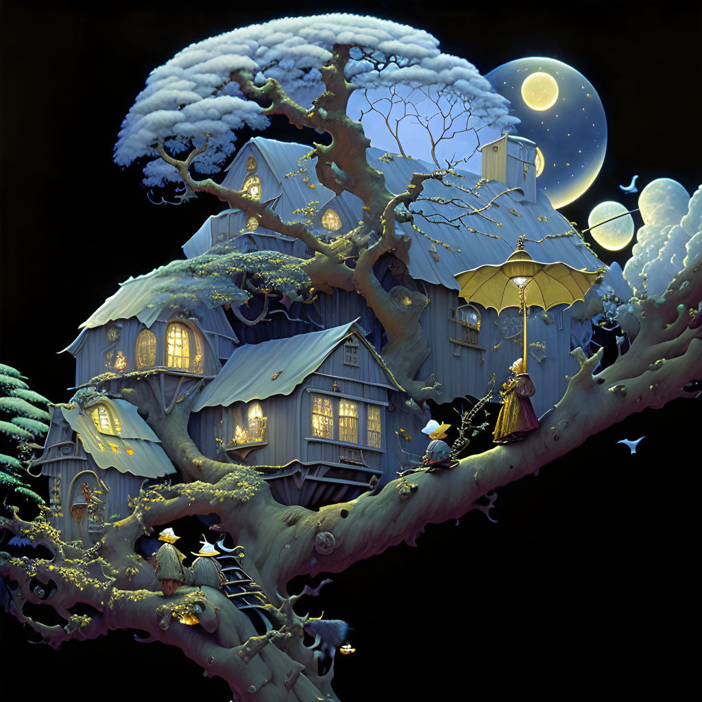 Enchanting night scene: treehouse, full moon, stars, snow, figure with lantern