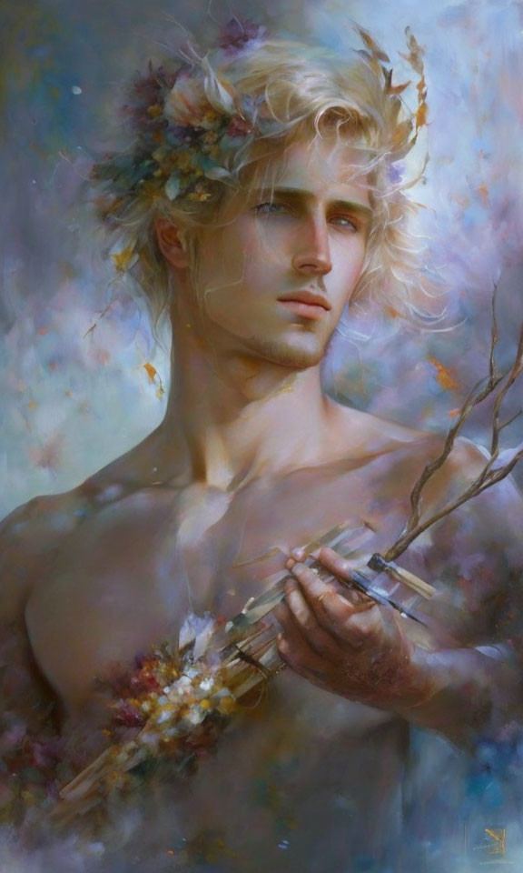 Ethereal portrait of young person with crown and flowers, holding branch