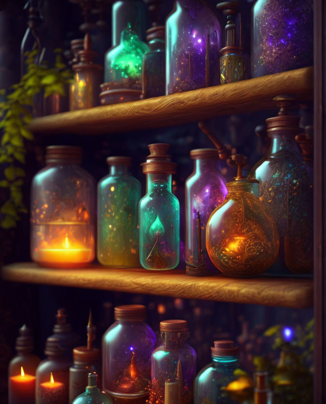 Magical Potion Bottles on Illuminated Wooden Shelves