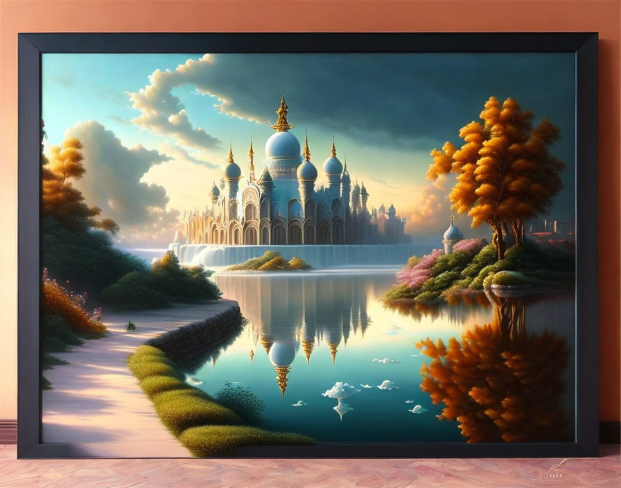 Fantastical landscape painting: ornate palace, domes, tranquil lake, lush trees, dramatic