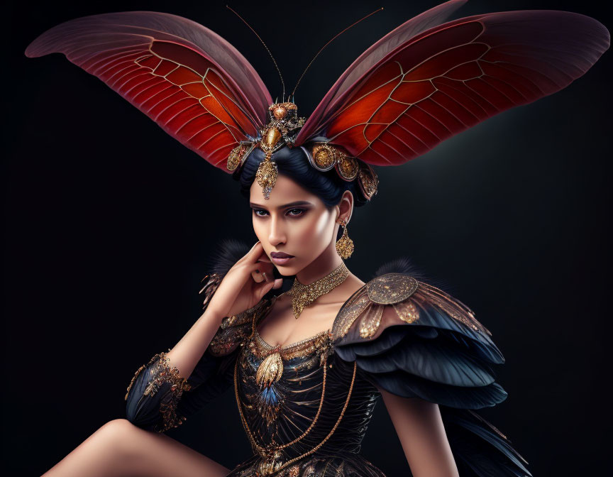 Woman in butterfly-themed makeup and attire with winged accessories and golden jewelry.