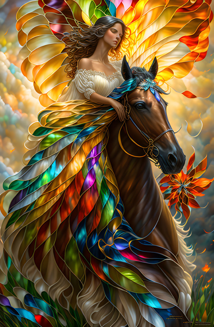 Woman with iridescent angel wings on horse surrounded by vibrant flowers and clouds