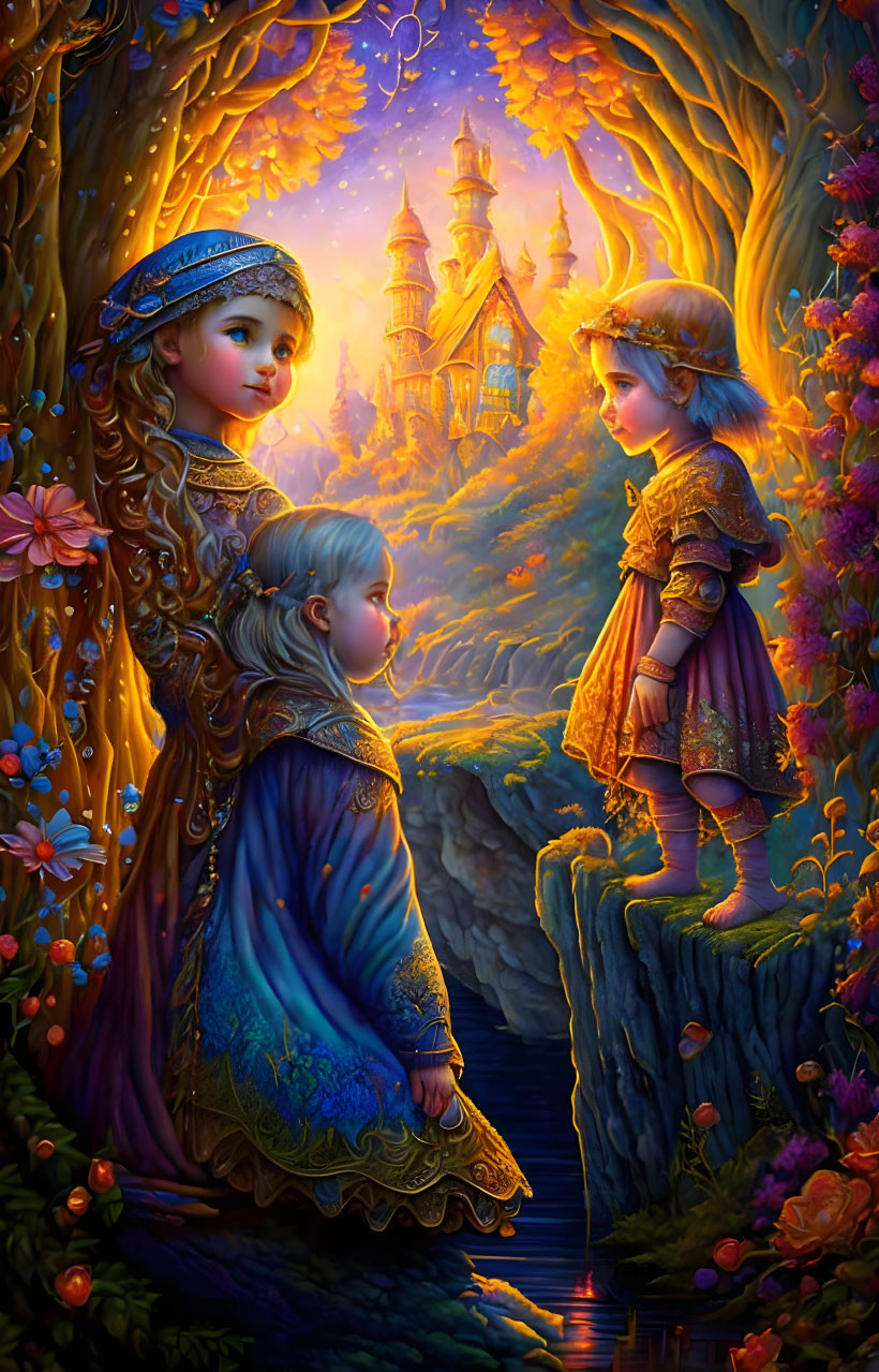 Medieval children in elaborate garb by enchanted forest path at twilight