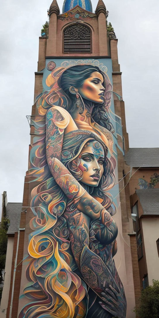 Colorful mural of a tattooed woman on building facade