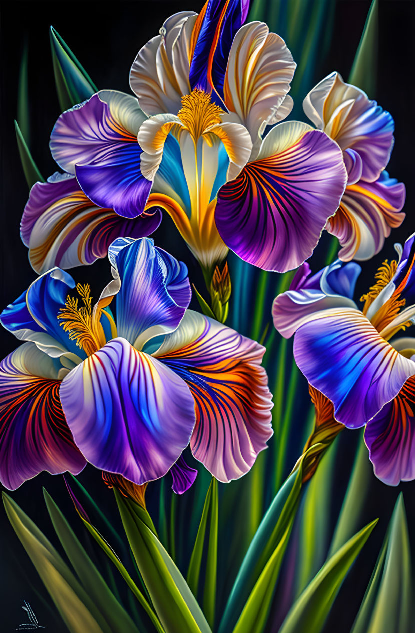 Colorful Iris Bouquet with Detailed Petals on Dark Background