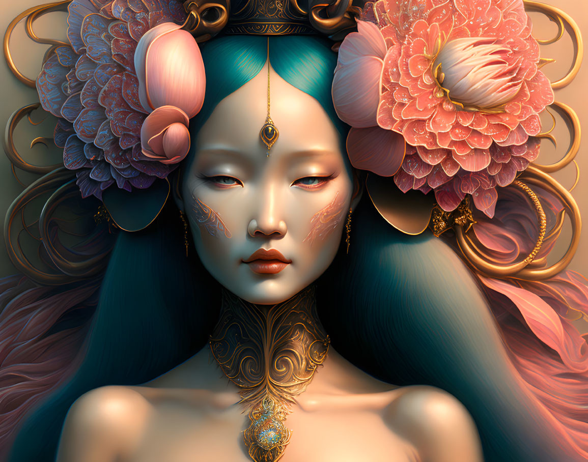 Artistic portrait of woman with blue skin and elaborate golden jewelry, floral hairpieces, and intricate body