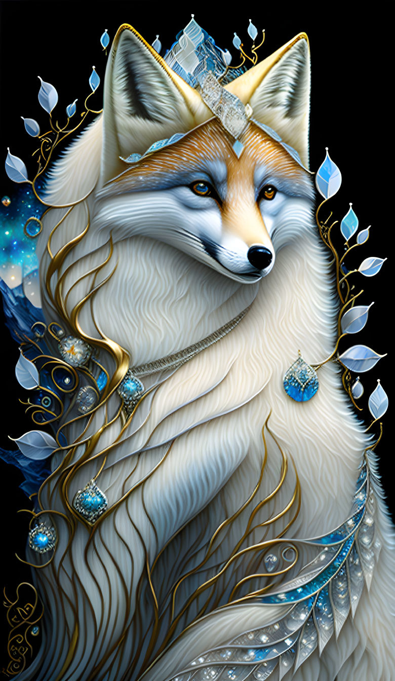 Regal fox with jeweled crown and necklace on golden leaf background