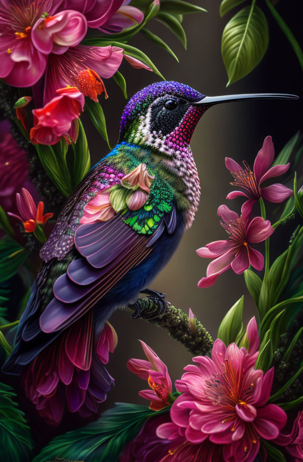 Colorful hummingbird on branch with flowers in dark background