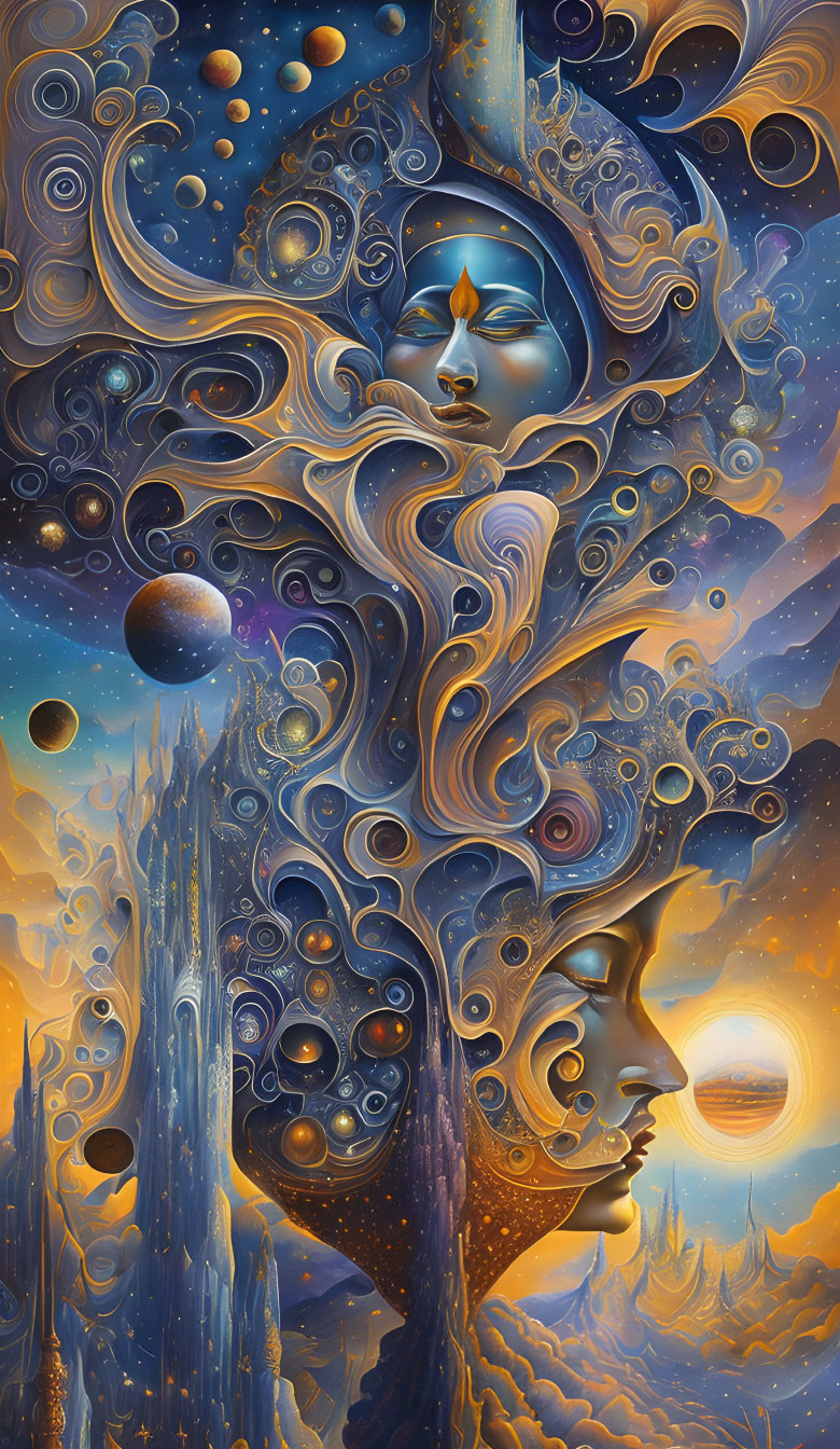 Surreal cosmic artwork with serene faces and mystical patterns