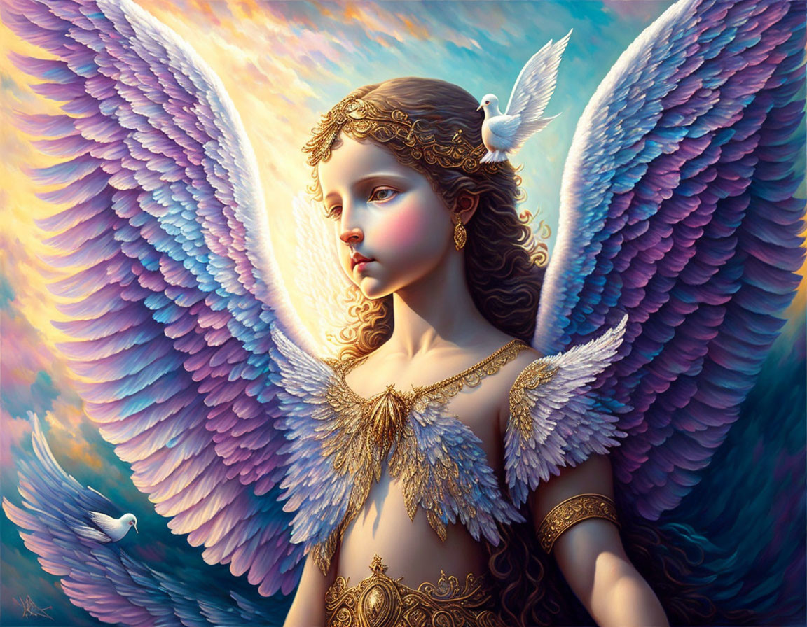 Young angel with pastel wings and doves in serene painting