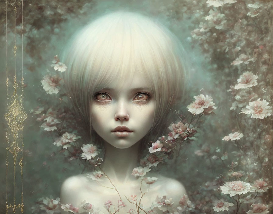 Young character with large eyes in ethereal floral setting