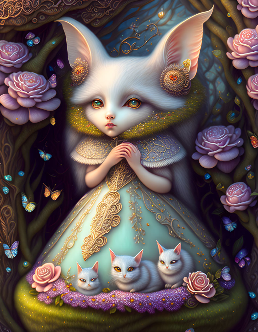 Fantasy illustration of humanoid cat in ornate clothing with kittens and flowers.