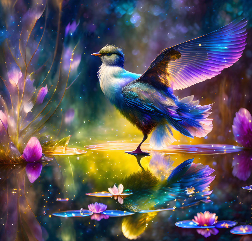 Fantastical bird with iridescent feathers on water surface under starry sky