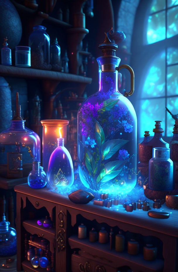 Mystical glass bottle display with moonlit window backdrop