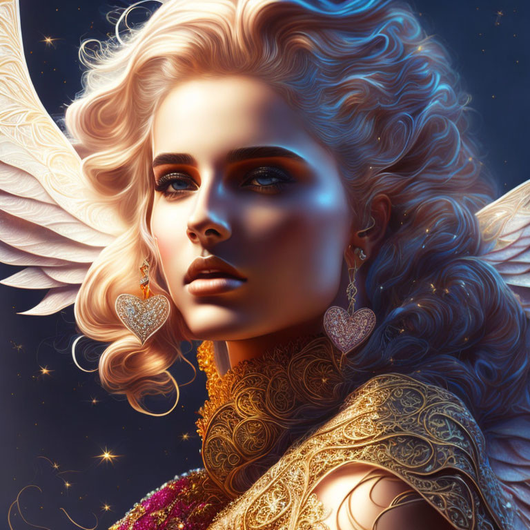 Illustrated portrait of angelic woman with golden wings and ornate armor on starry backdrop