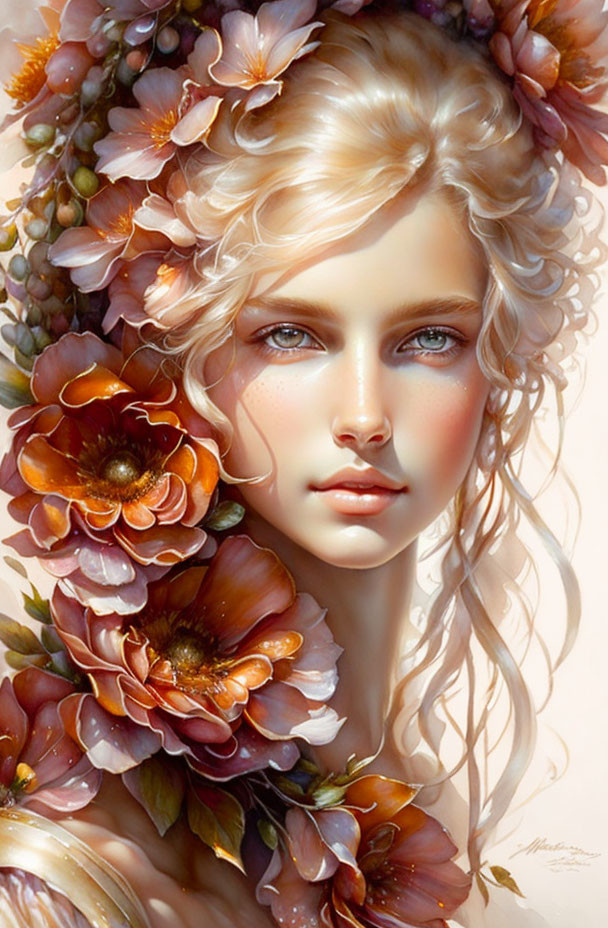 Portrait of woman with fair skin, blue eyes, blonde curly hair, and floral wreath