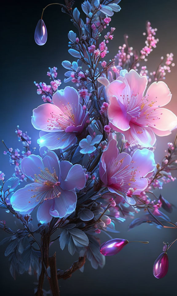 Colorful glowing flowers and jewel-like buds on dark background