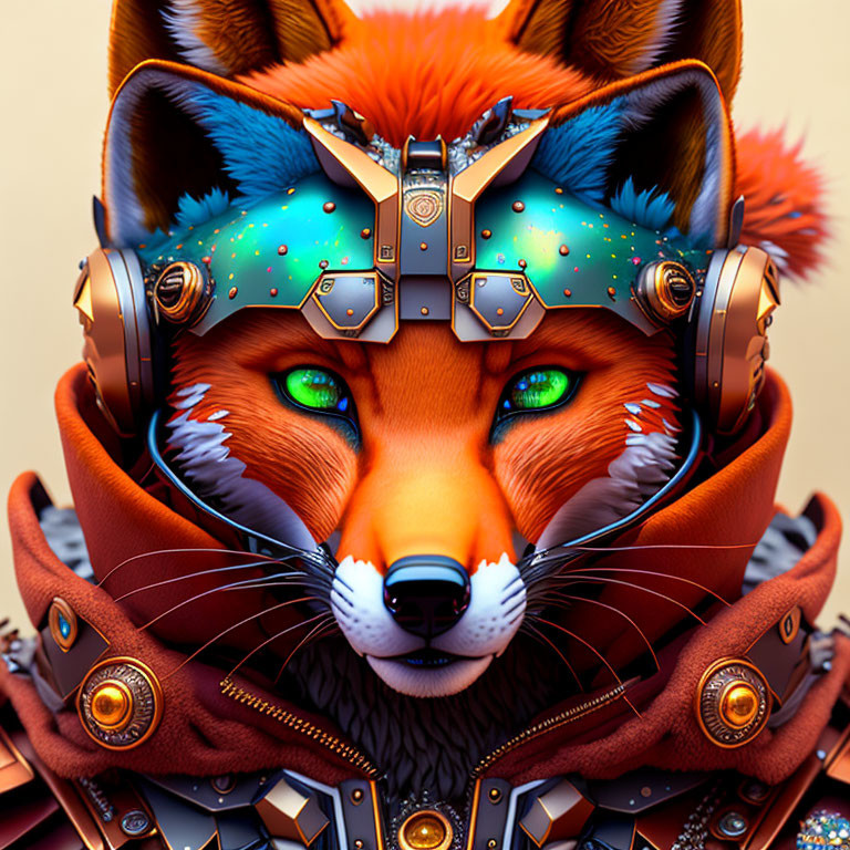 Colorful Digital Art: Fox with Green Eyes in Futuristic Armor