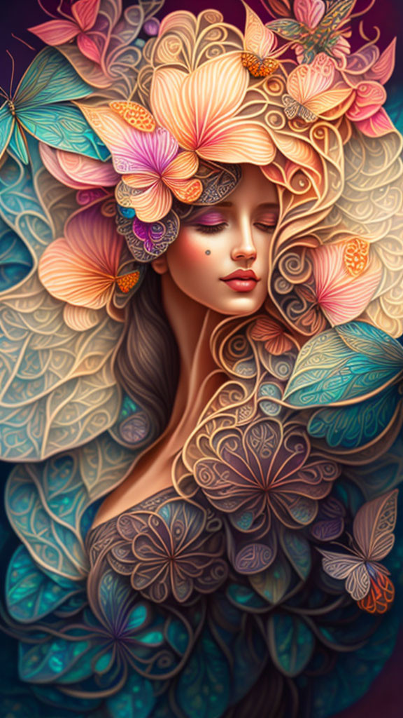 Colorful Stylized Leaves and Flowers Surrounding Woman's Head