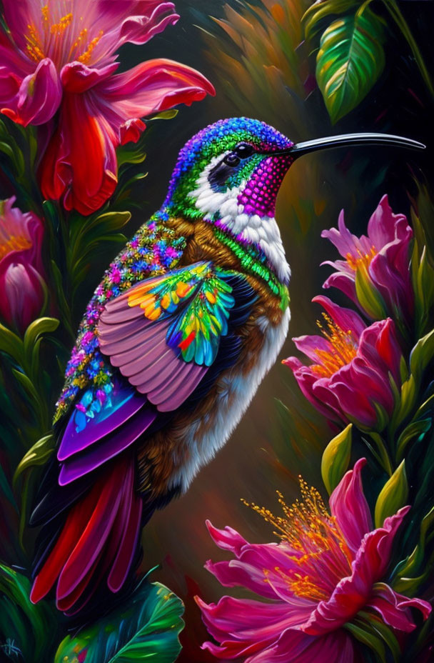 Colorful Hummingbird Painting Among Vibrant Flowers