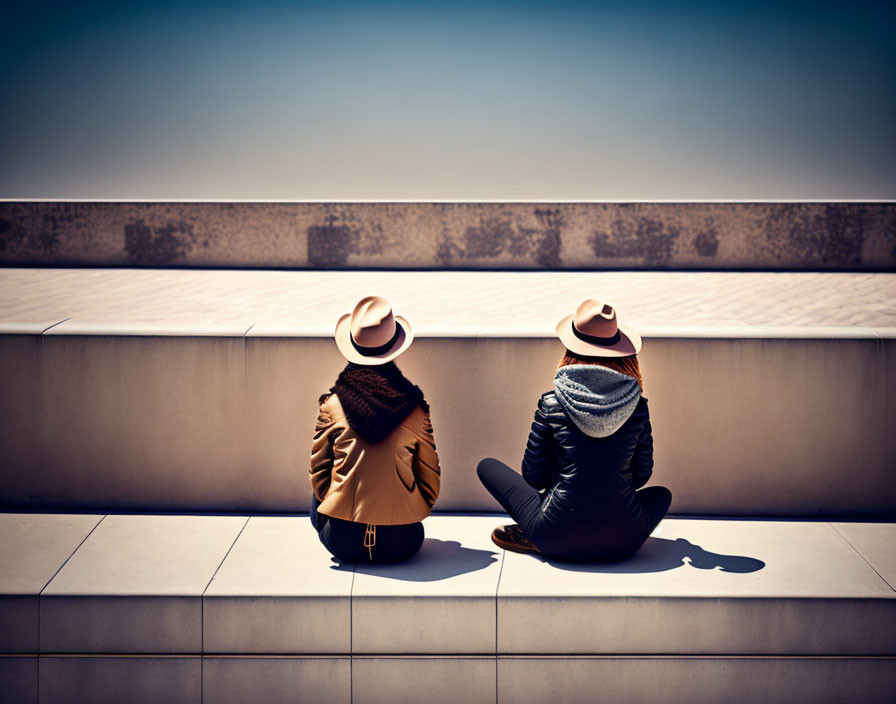 Two individuals in hats and scarves sitting on ledge under clear skies